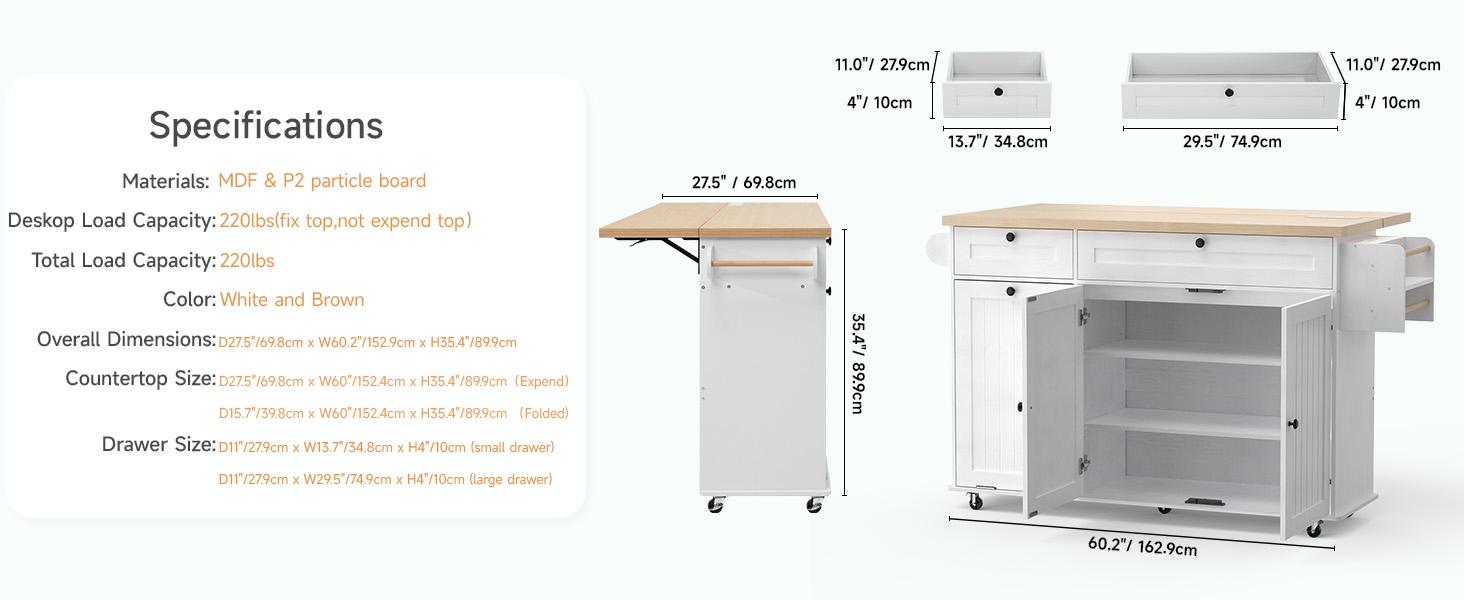 【SPRING GLOW UP】ONBRILL 60" / 81.7" Kitchen Island with Power Outlet & Drop Leaf, Kitchen Rolling Island with Spice Rack & Towel Rack, Knife Holder, Kitchen Island Cart with Trash Storage Cabinet, Mobile Island Table for Kitchen
