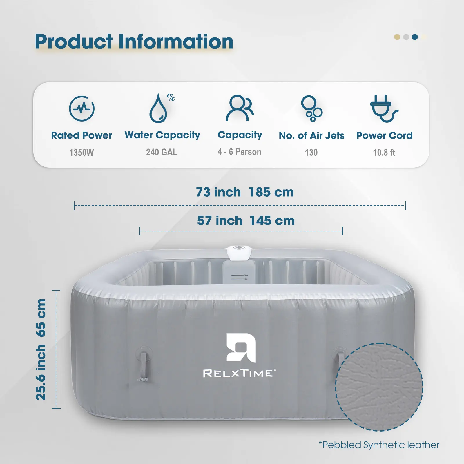 Jacuzzi inflable para 4 a 6 personas, spa cuadrado portátil para exteriores, 130 chorros de aire con burbujas relajantes, cubierta aislante (ahorro de energía).