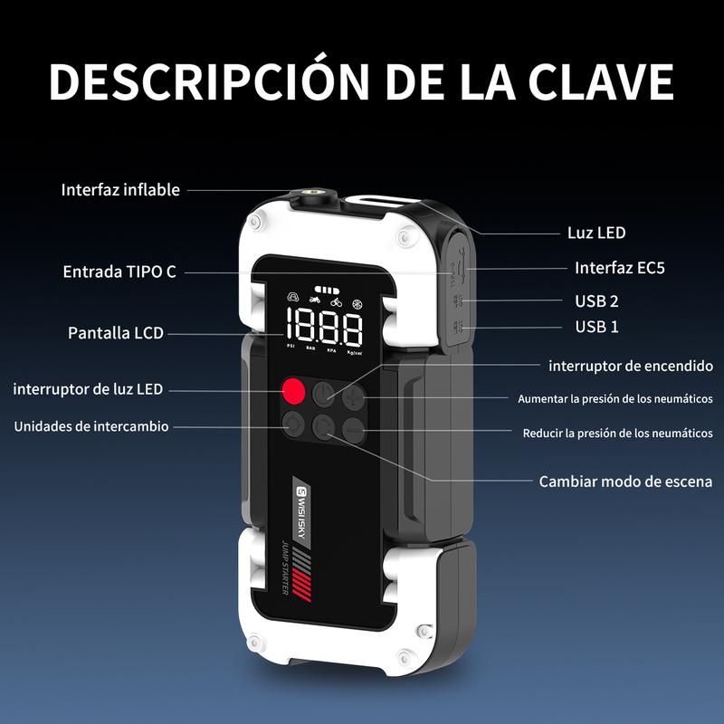 Arrancador de Batería Portátil 9000A con Inflador 150 PSI, Compresor y Cargador 12V 26800mAh
