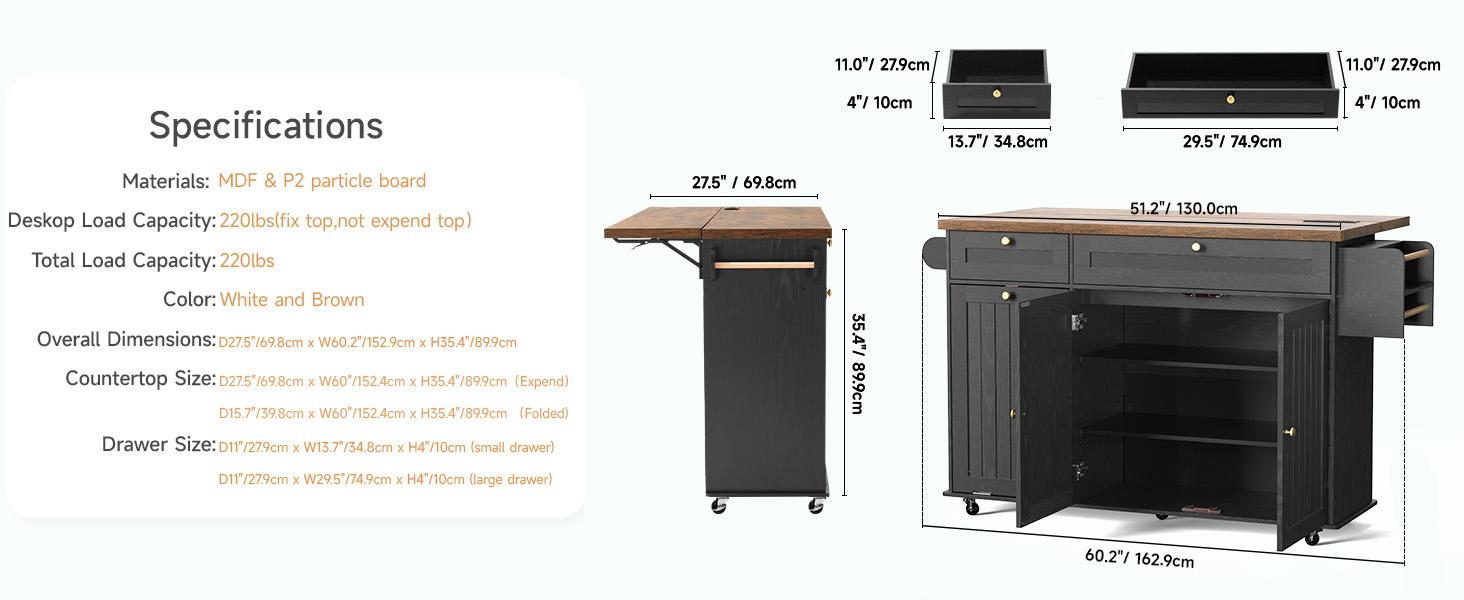 【SPRING GLOW UP】ONBRILL 60" / 81.7" Kitchen Island with Power Outlet & Drop Leaf, Kitchen Rolling Island with Spice Rack & Towel Rack, Knife Holder, Kitchen Island Cart with Trash Storage Cabinet, Mobile Island Table for Kitchen