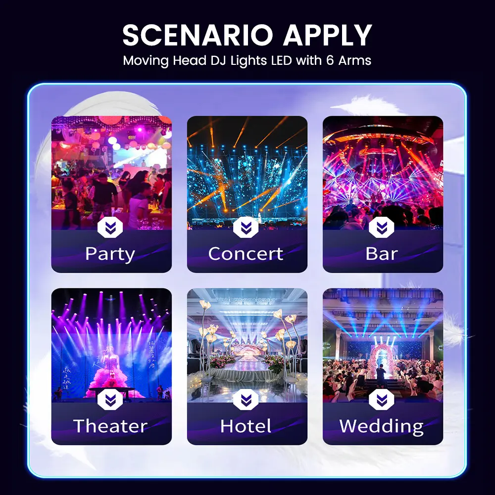 Luces de DJ con cabeza móvil para fiestas, luz de escenario 6 en 1 LED RGBW de 6 brazos, luces de DJ para fiestas, compatible con DMX-512 y activación por sonido.
