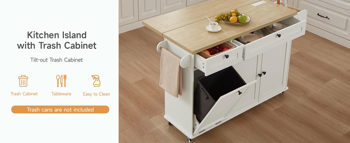【SPRING GLOW UP】ONBRILL 60" / 81.7" Kitchen Island with Power Outlet & Drop Leaf, Kitchen Rolling Island with Spice Rack & Towel Rack, Knife Holder, Kitchen Island Cart with Trash Storage Cabinet, Mobile Island Table for Kitchen