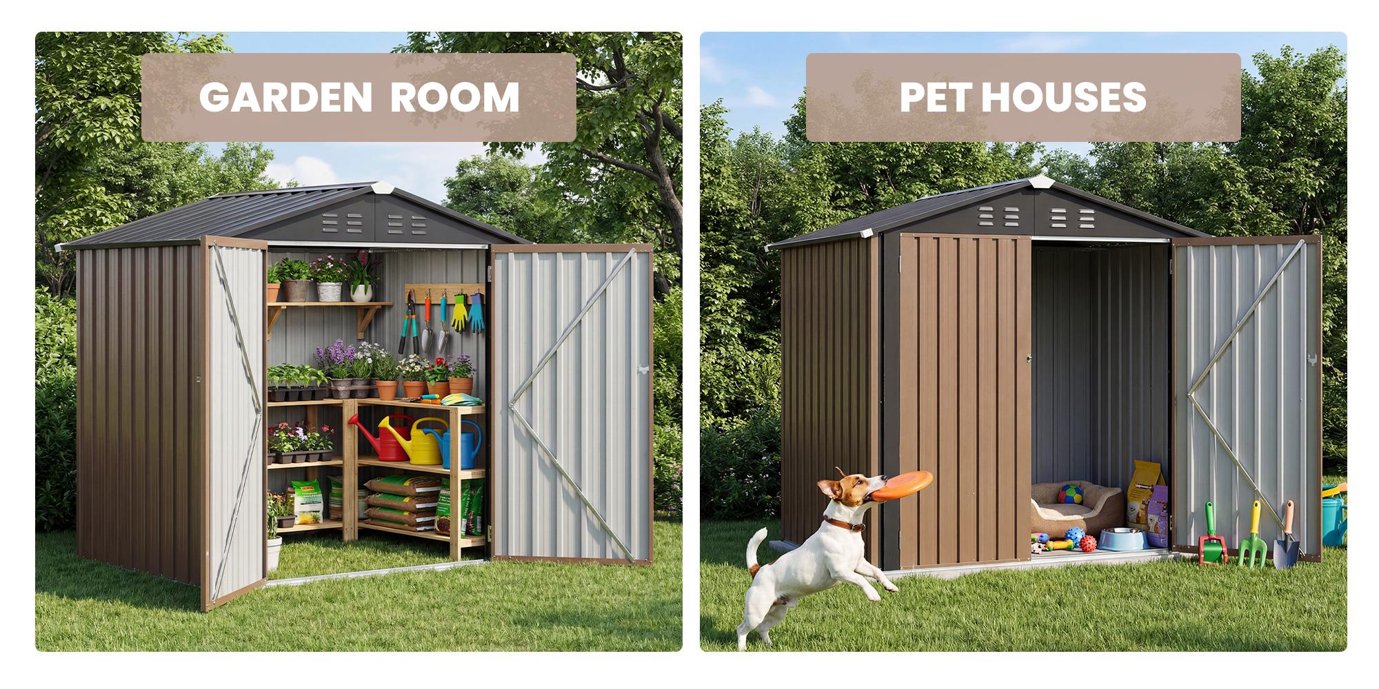 6' x 8' Outdoor Metal Storage Shed with Lockable Door &ndash; Gable Roof & Galvanized Steel, Brown