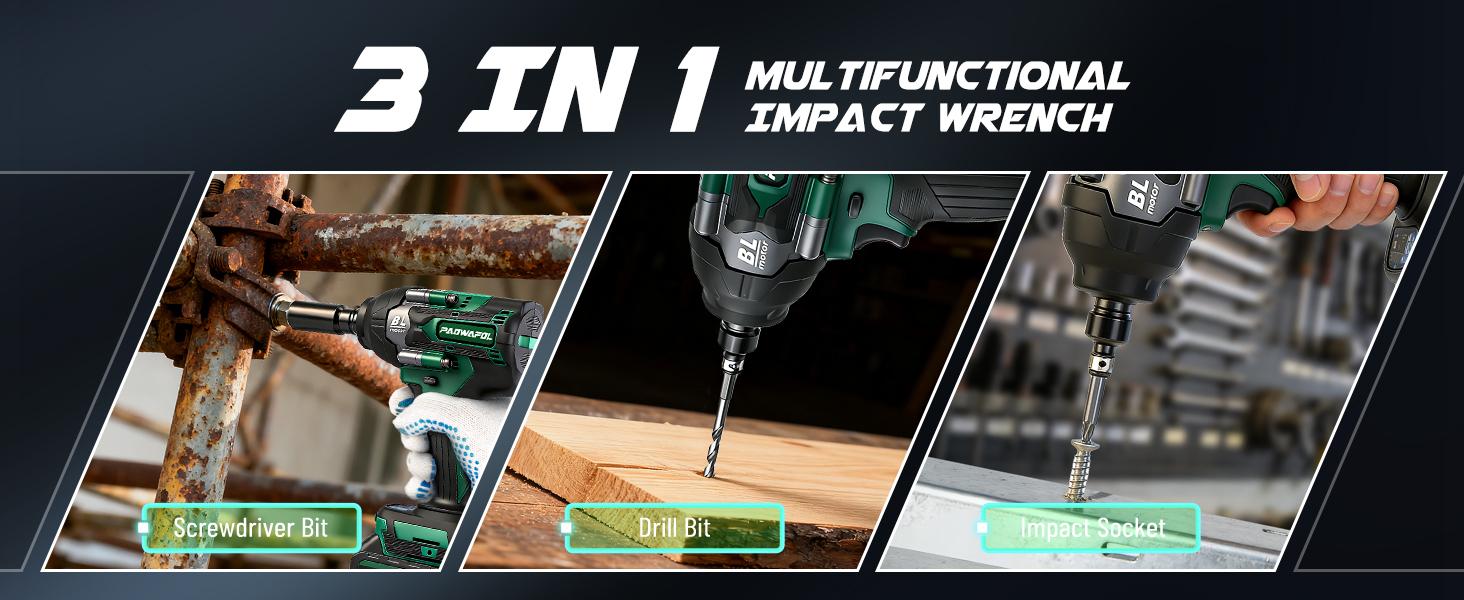 PAOWAFOL 3 in 1 Cordless Impact Wrench,Electric brushless impact wrench with 2×4.0 Battery,Sockets,Drills,Screws-Ideal for Car&Home,Gift for family