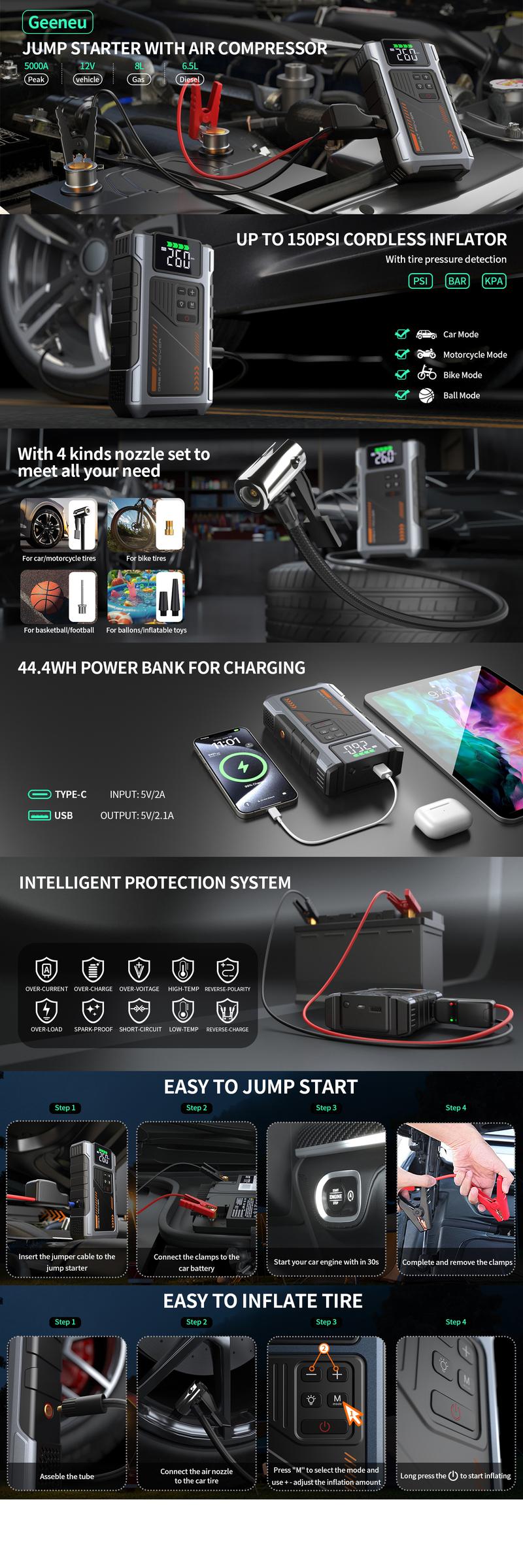 Portable Car Jump Starter With Air Compressor 5000A Peak (8.0L Gas, 6.5L Diesel) With 150 PSI Tire Inflator,15000mAh 12V Car Battery Jump Power With LED Light W100 portable jumpstarter batterycharger