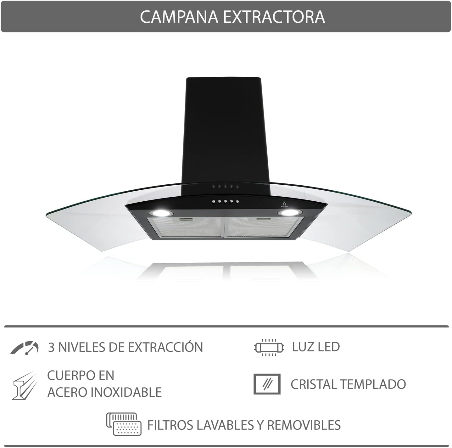 SUPRA Tricombo empotrable Grona, Parrilla a gas con 4 Q de 60 cm Mod. 4Q-EC-N, Parrilla eléctrica de inducción 2 Q Mod. DUE-V, Campana extractora tipo pared de 90 cm Mod. CC-90 BLACK