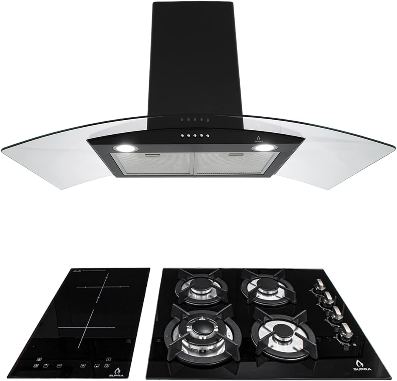 SUPRA Tricombo empotrable Grona, Parrilla a gas con 4 Q de 60 cm Mod. 4Q-EC-N, Parrilla eléctrica de inducción 2 Q Mod. DUE-V, Campana extractora tipo pared de 90 cm Mod. CC-90 BLACK