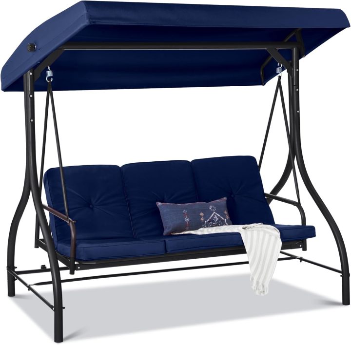 Best Choice Products Columpio con dosel convertible grande de 3 asientos para exteriores, hamaca para porche, patio trasero con cama plana, sombra ajustable, cojines extraíbles, color azul marino