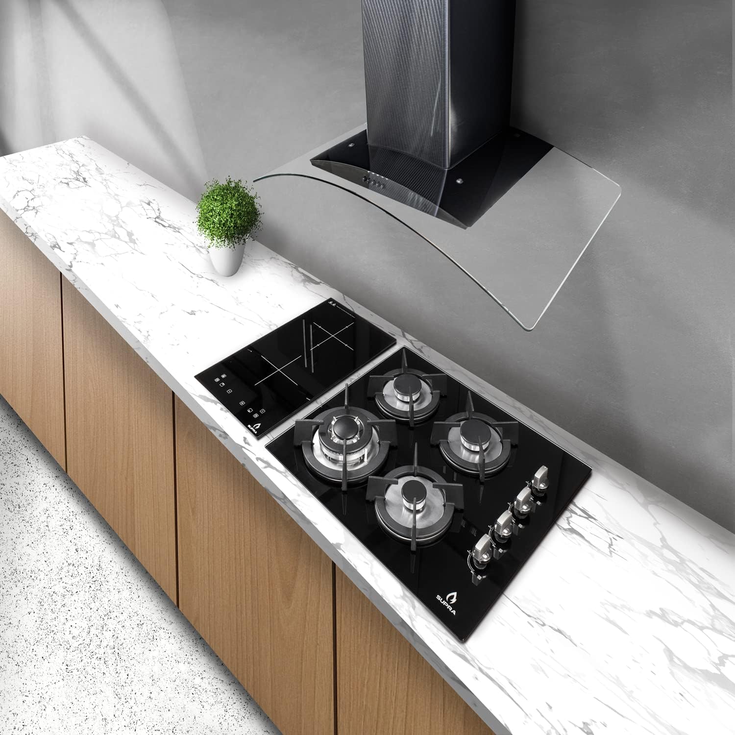 SUPRA Tricombo empotrable Grona, Parrilla a gas con 4 Q de 60 cm Mod. 4Q-EC-N, Parrilla eléctrica de inducción 2 Q Mod. DUE-V, Campana extractora tipo pared de 90 cm Mod. CC-90 BLACK