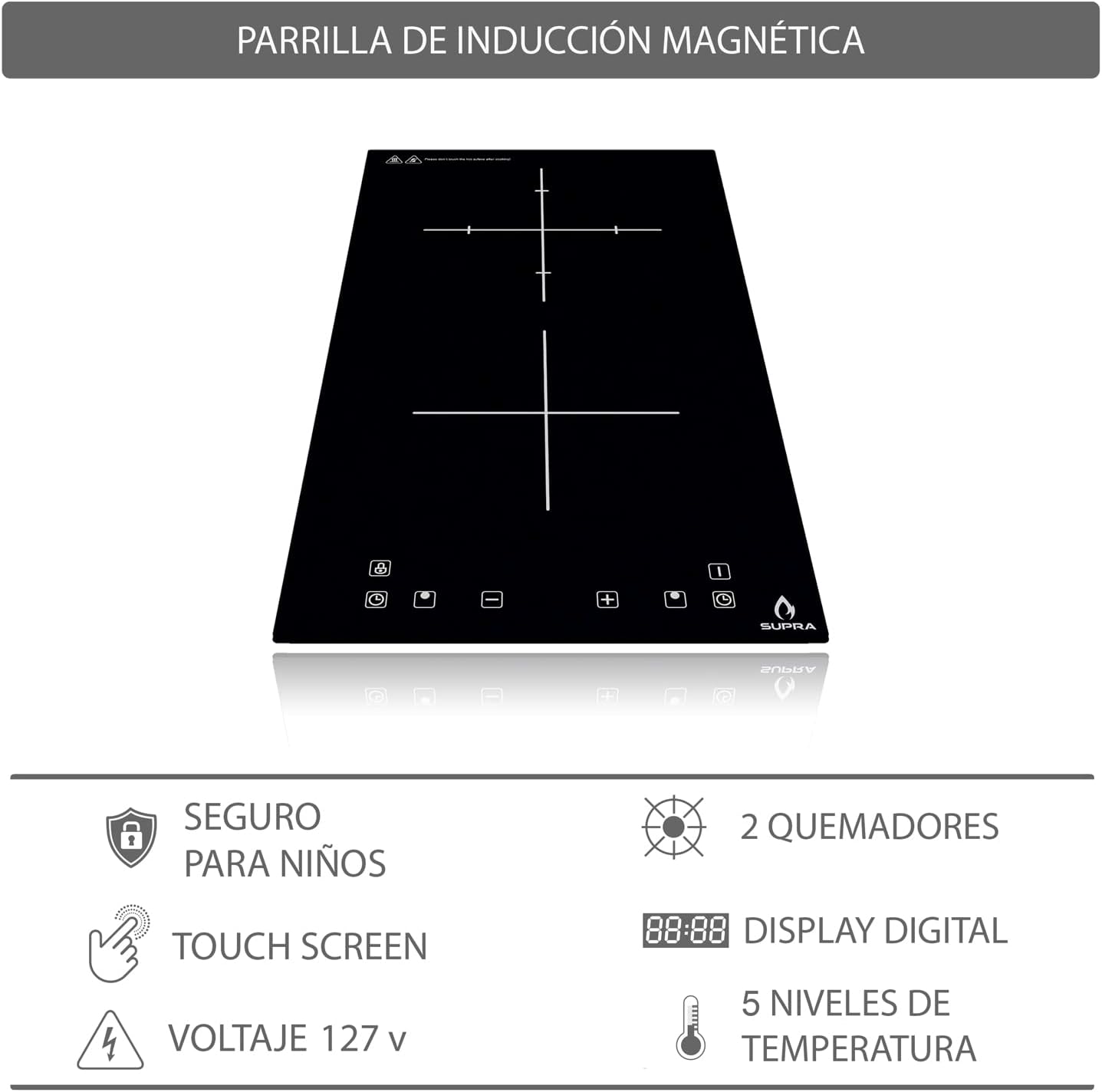 SUPRA Tricombo empotrable Grona, Parrilla a gas con 4 Q de 60 cm Mod. 4Q-EC-N, Parrilla eléctrica de inducción 2 Q Mod. DUE-V, Campana extractora tipo pared de 90 cm Mod. CC-90 BLACK