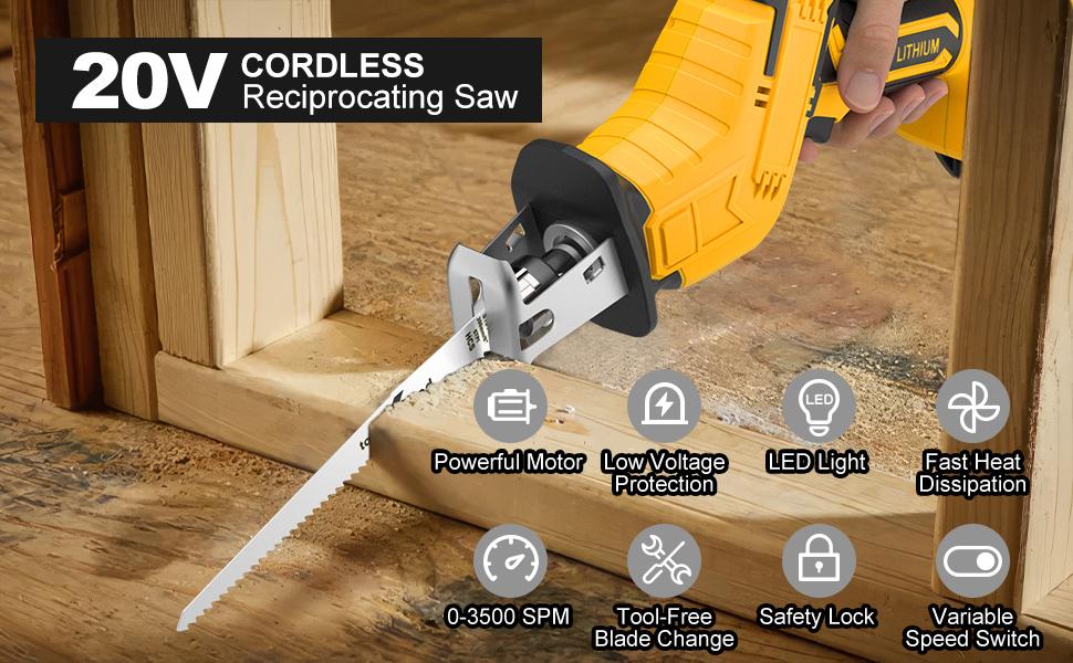 Reciprocating Saw One Handed Recip Kit for DeWalt 20V MAX Battery, 3 Variable Speed, Brushless Tool-Free Blade Change, 4 Saw Blades for Metal Wood PVC Cutting Reciprocating Saw One Handed Recip Kit for DeWalt 20V MAX Battery, 3 Variable Speed, Brushless Tool-Free Blade Change, 4 Saw Blades for Metal Wood PVC Cutting