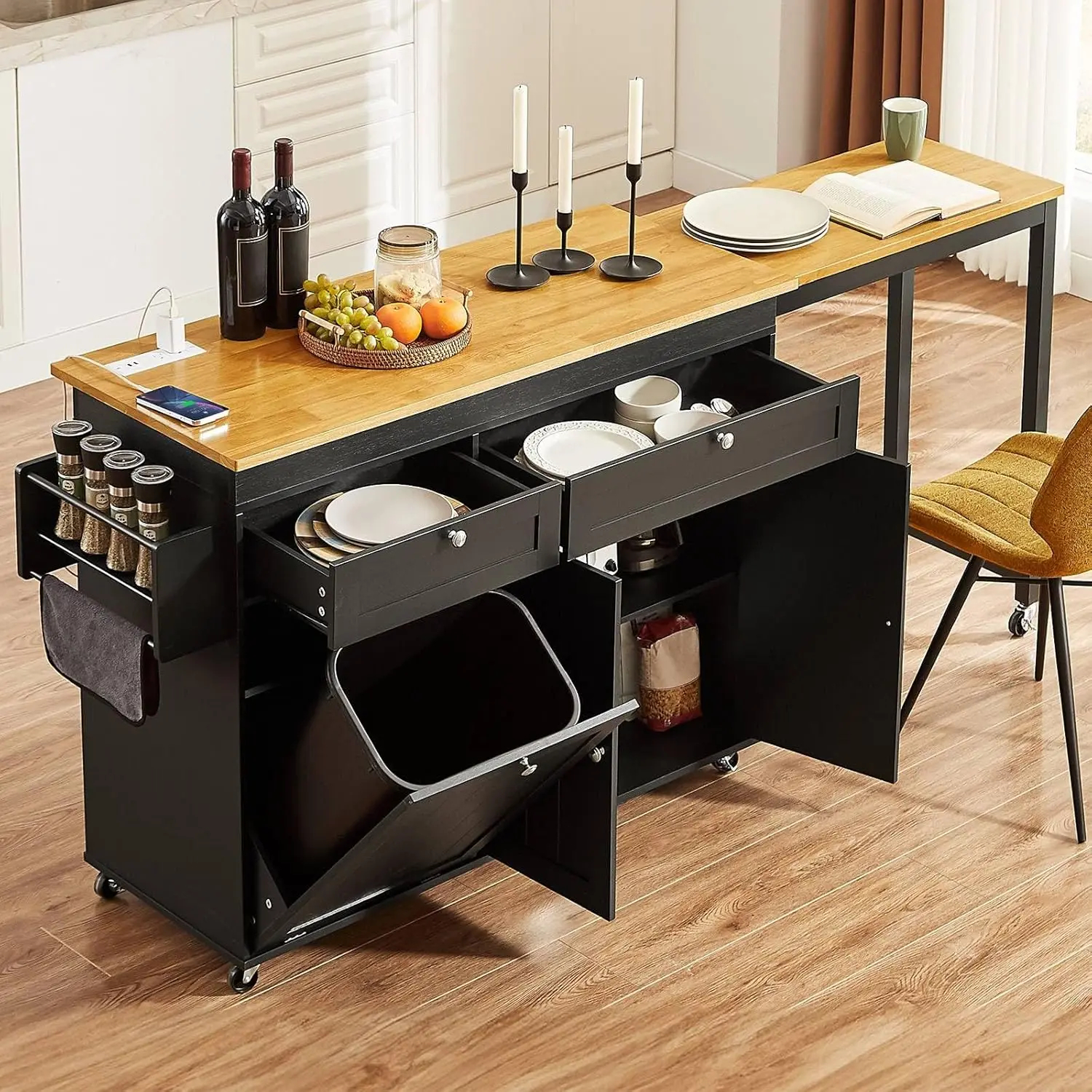 Isla de cocina de 60" / 81.7" con toma de corriente y ala abatible; isla de cocina con ruedas, especiero, toallero y portacuchillos; carrito de isla con gabinete para almacenamiento de basura; mesa isla móvil para cocina.