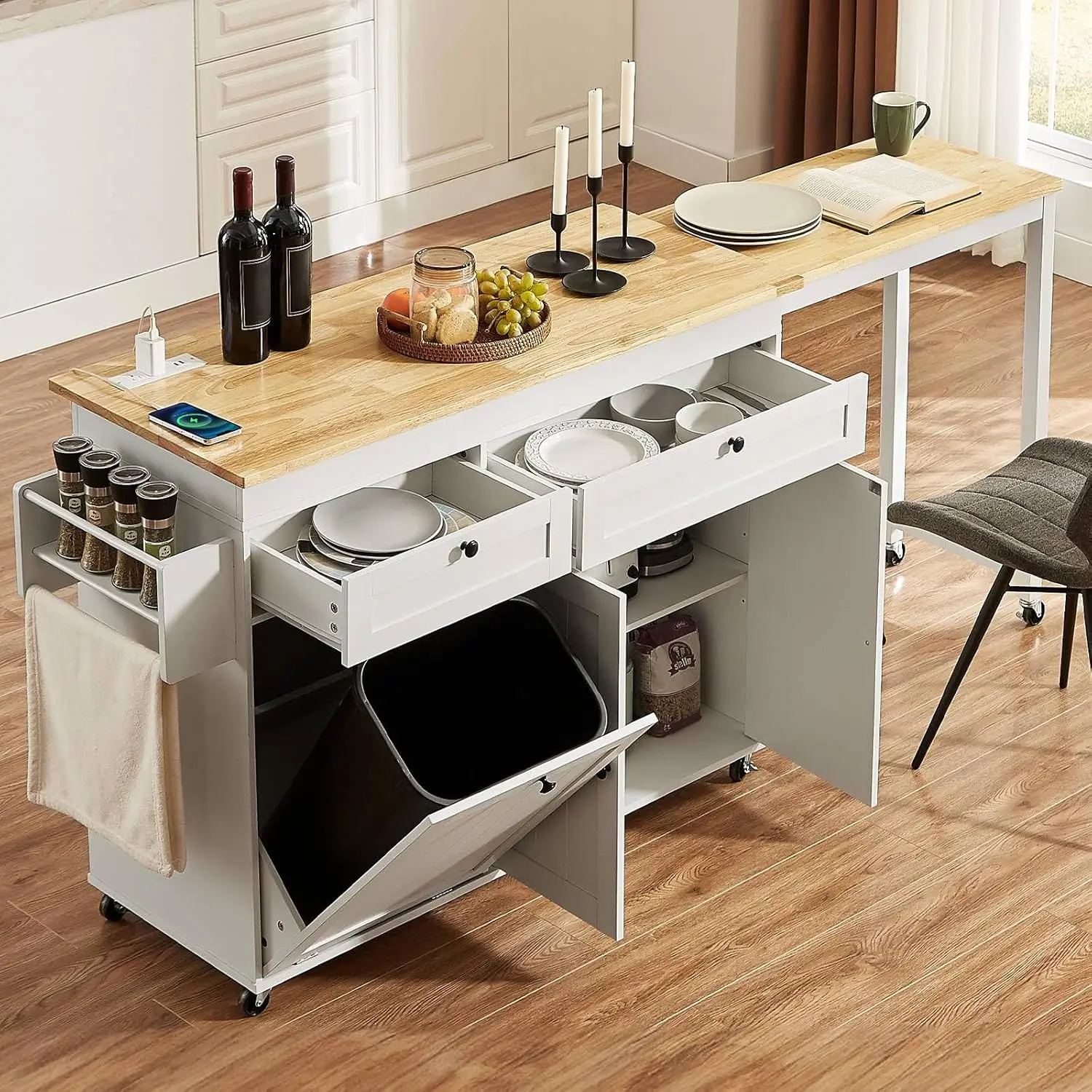 Isla de cocina de 60" / 81.7" con toma de corriente y ala abatible; isla de cocina con ruedas, especiero, toallero y portacuchillos; carrito de isla con gabinete para almacenamiento de basura; mesa isla móvil para cocina.