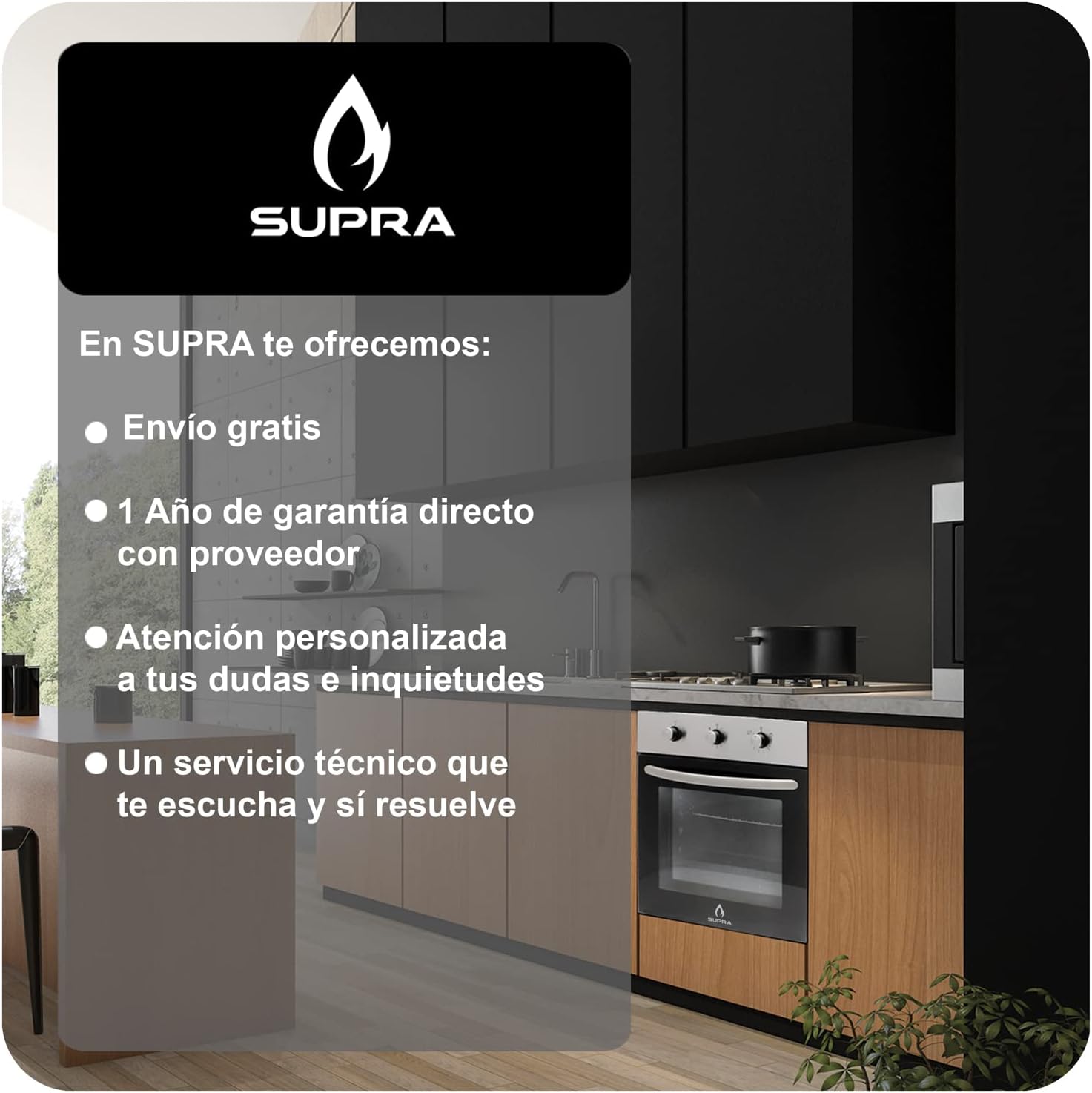 SUPRA Tricombo empotrable Grona, Parrilla a gas con 4 Q de 60 cm Mod. 4Q-EC-N, Parrilla eléctrica de inducción 2 Q Mod. DUE-V, Campana extractora tipo pared de 90 cm Mod. CC-90 BLACK