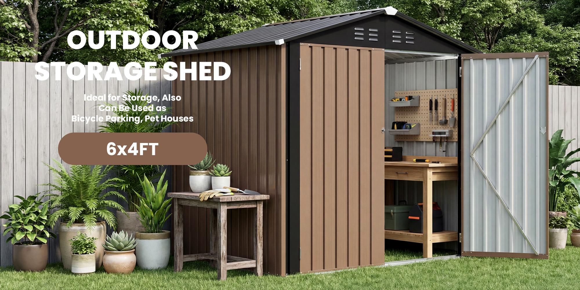 6' x 8' Outdoor Metal Storage Shed with Lockable Door &ndash; Gable Roof & Galvanized Steel, Brown