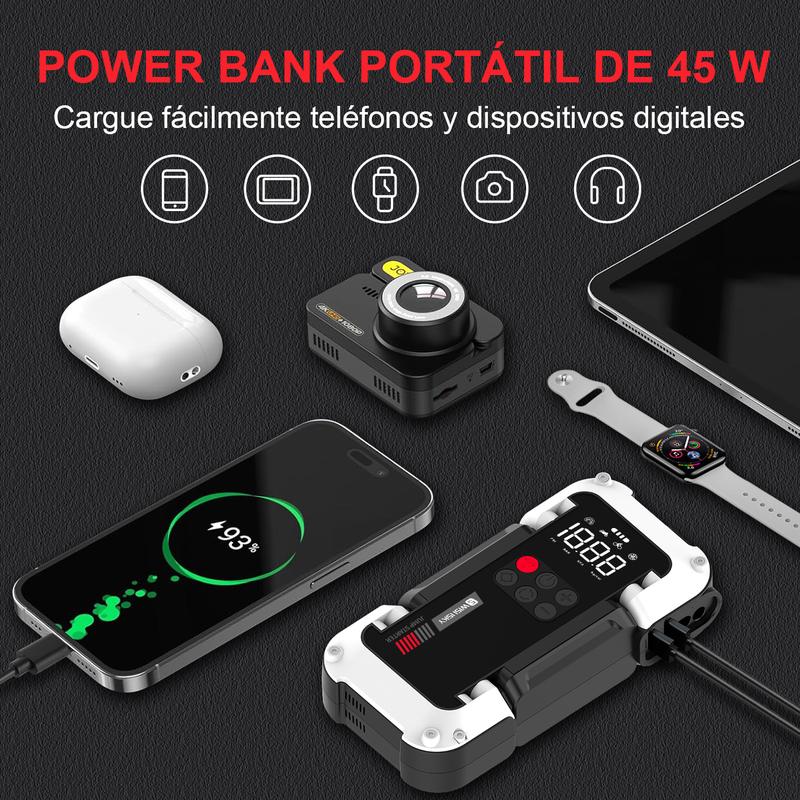 Arrancador de Batería Portátil 9000A con Inflador 150 PSI, Compresor y Cargador 12V 26800mAh