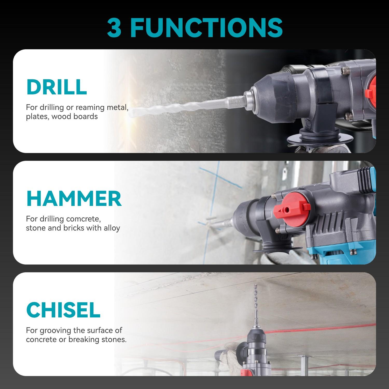 Yofidra Cordless Hammer Drill SDs Max Portable Electric 1500W 3J Impact Power 2-in-1 Demolition Hammer Chisel with 2x 3.0Ah Batteries Heavy Duty Handle Hardware drill Industrial Tool Kit Tool Box power tools