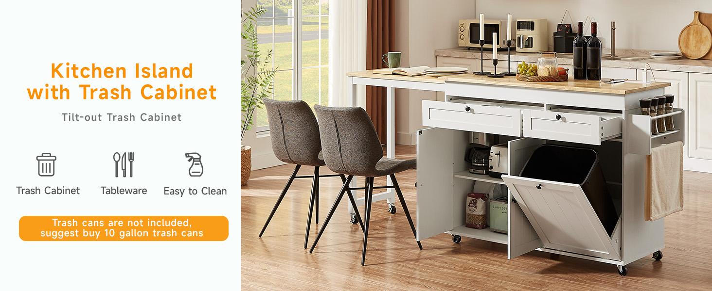 【SPRING GLOW UP】ONBRILL 60" / 81.7" Kitchen Island with Power Outlet & Drop Leaf, Kitchen Rolling Island with Spice Rack & Towel Rack, Knife Holder, Kitchen Island Cart with Trash Storage Cabinet, Mobile Island Table for Kitchen