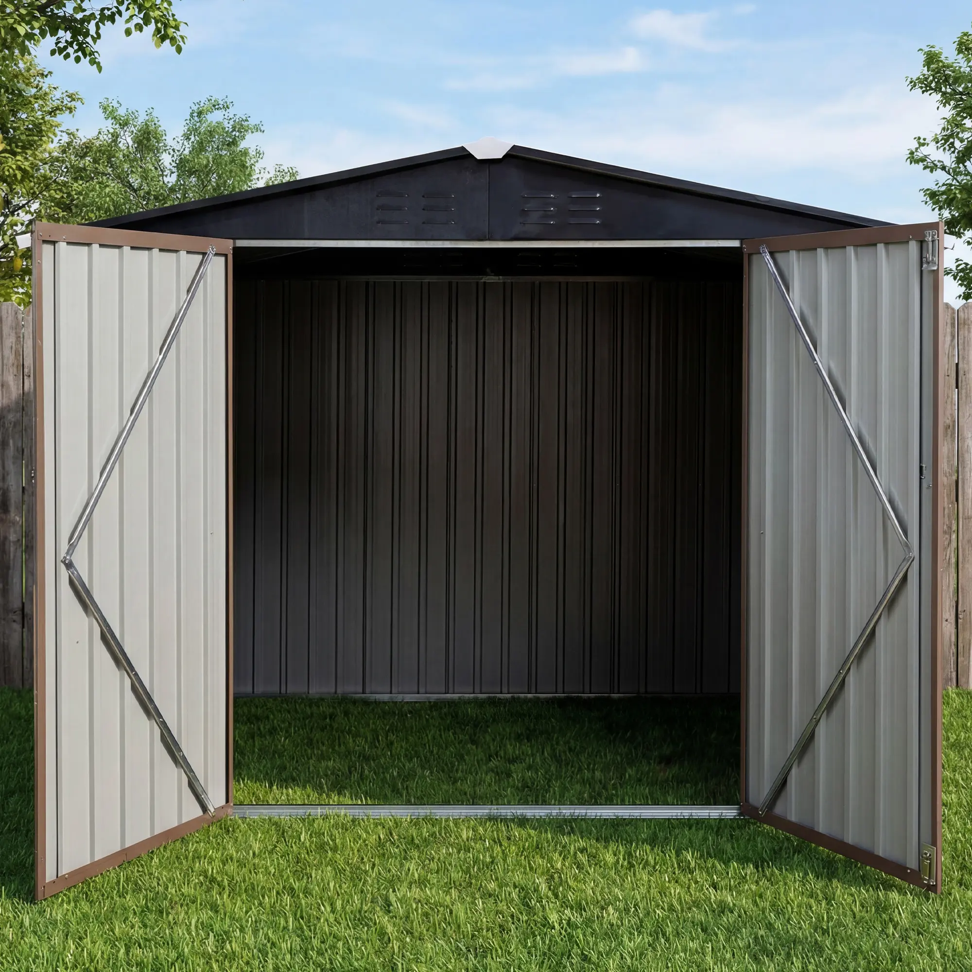 Caseta de almacenamiento metálica para exteriores de 6' x 8' con puerta con cerradura – Techo a dos aguas y acero galvanizado, color marrón