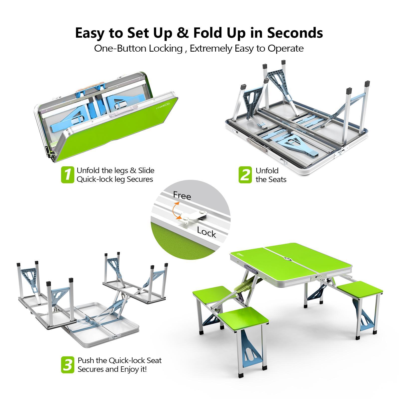 Ubesgoo 4Ft Portable Folding Picnic Table Camping Table Foldable Set with 4 Seats with Umbrella Hole Suitcase Card Table-220 Lbs Support Aluminum Frame, Plastic RV Tabletop for Yard, Travel