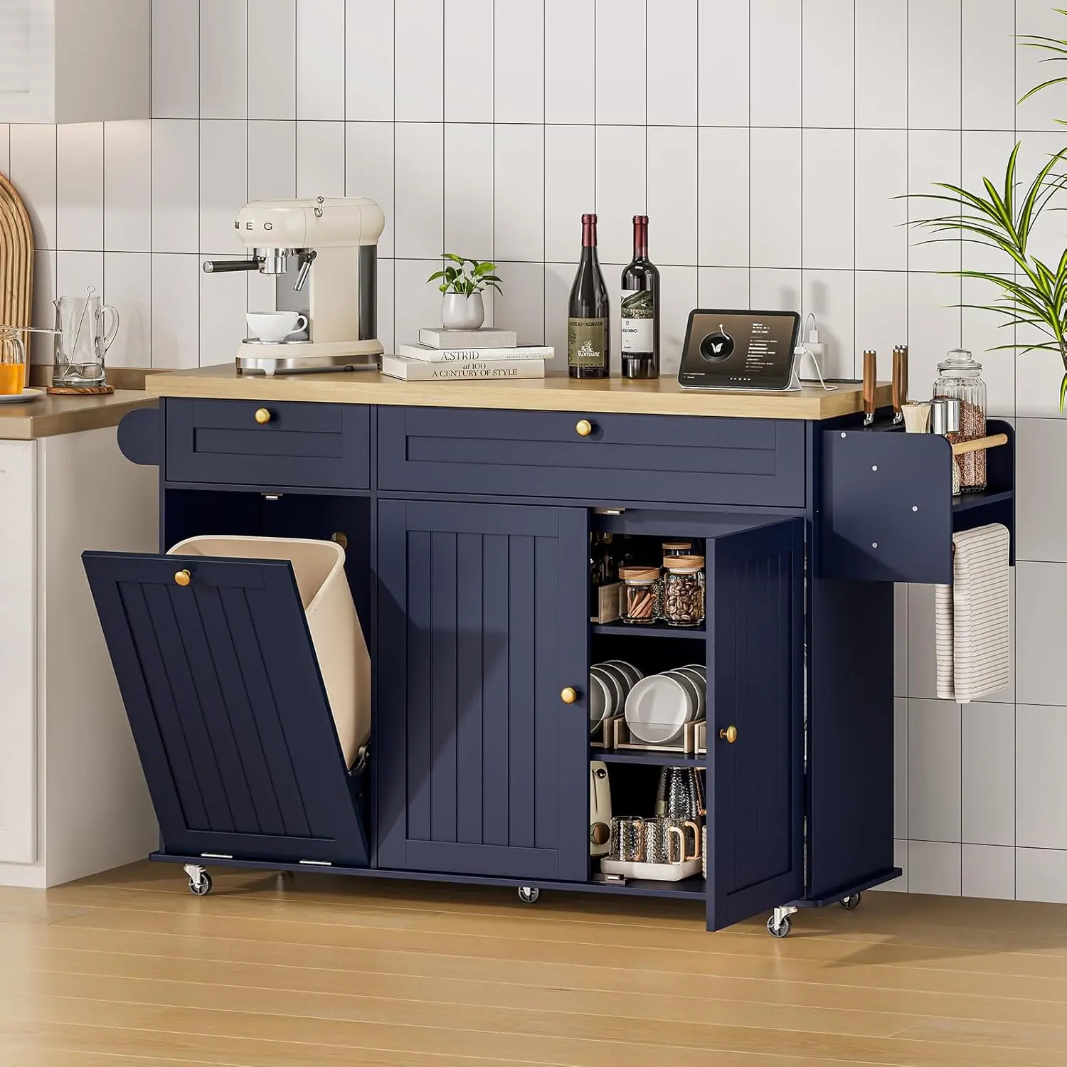 Isla de cocina de 60" / 81.7" con toma de corriente y ala abatible; isla de cocina con ruedas, especiero, toallero y portacuchillos; carrito de isla con gabinete para almacenamiento de basura; mesa isla móvil para cocina.