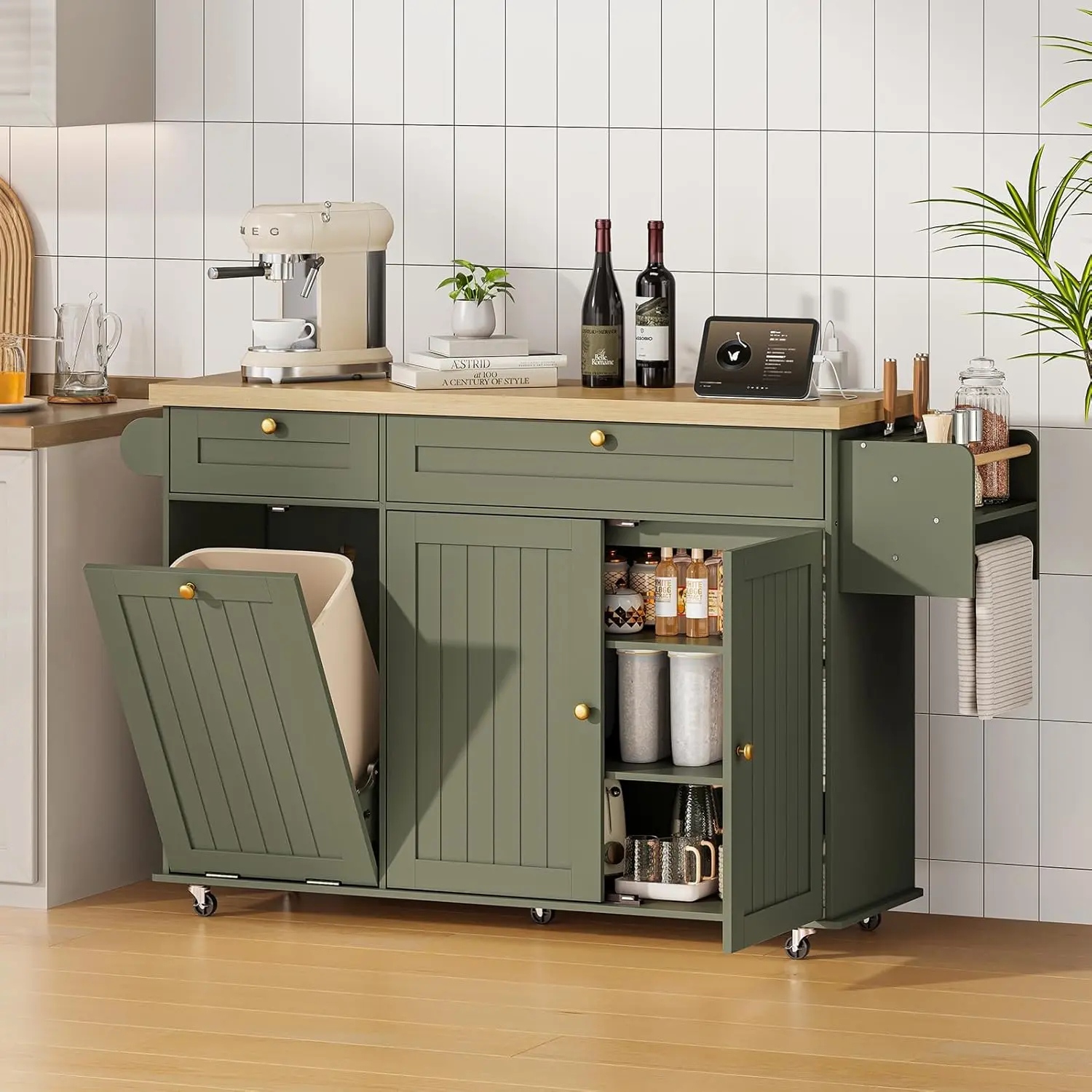 Isla de cocina de 60" / 81.7" con toma de corriente y ala abatible; isla de cocina con ruedas, especiero, toallero y portacuchillos; carrito de isla con gabinete para almacenamiento de basura; mesa isla móvil para cocina.