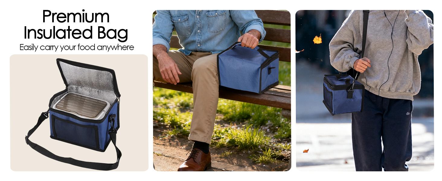 Cordless Electric Heated Lunch Box, 1.5L - 6.3Cups 20000mAh Rechargeable Battery Powered with Automatic Heating, Smart Timer, BPA Free,Including Spoon, Insulated Carry Bag, Removable Tray Divider