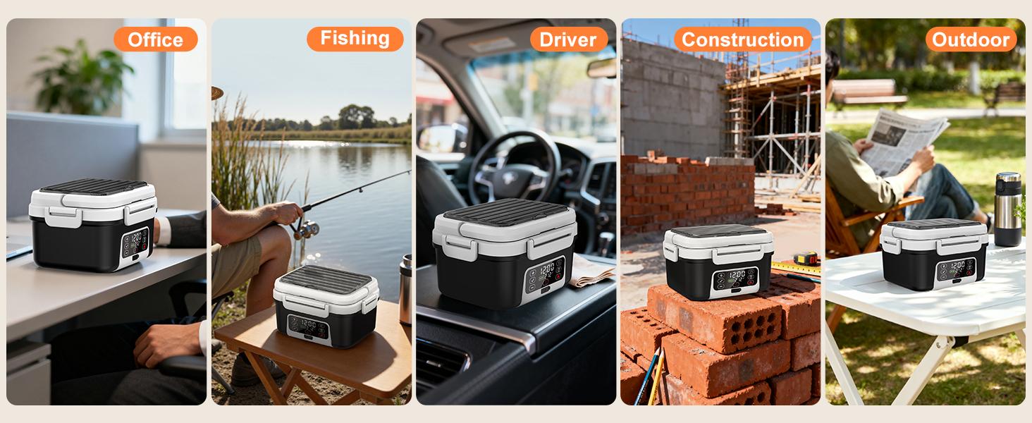 Cordless Electric Heated Lunch Box, 1.5L - 6.3Cups 20000mAh Rechargeable Battery Powered with Automatic Heating, Smart Timer, BPA Free,Including Spoon, Insulated Carry Bag, Removable Tray Divider