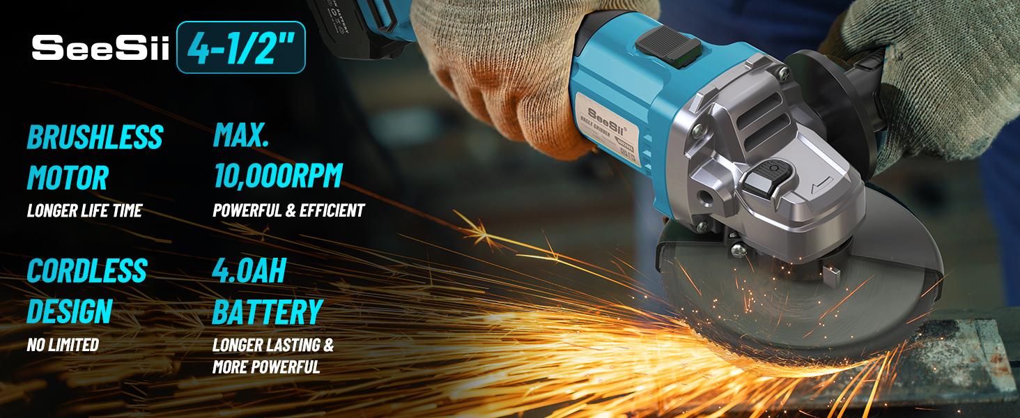 SEESII Cordless Angle Grinder Kit with 2x4.0Ah Batteries, 10000RPM Brushless Electric Metal Grinder w/ 4-1/2" Cutting Wheel, Flap Wheel, and Wool Carving Wheel for Precision Cutting & Grinding