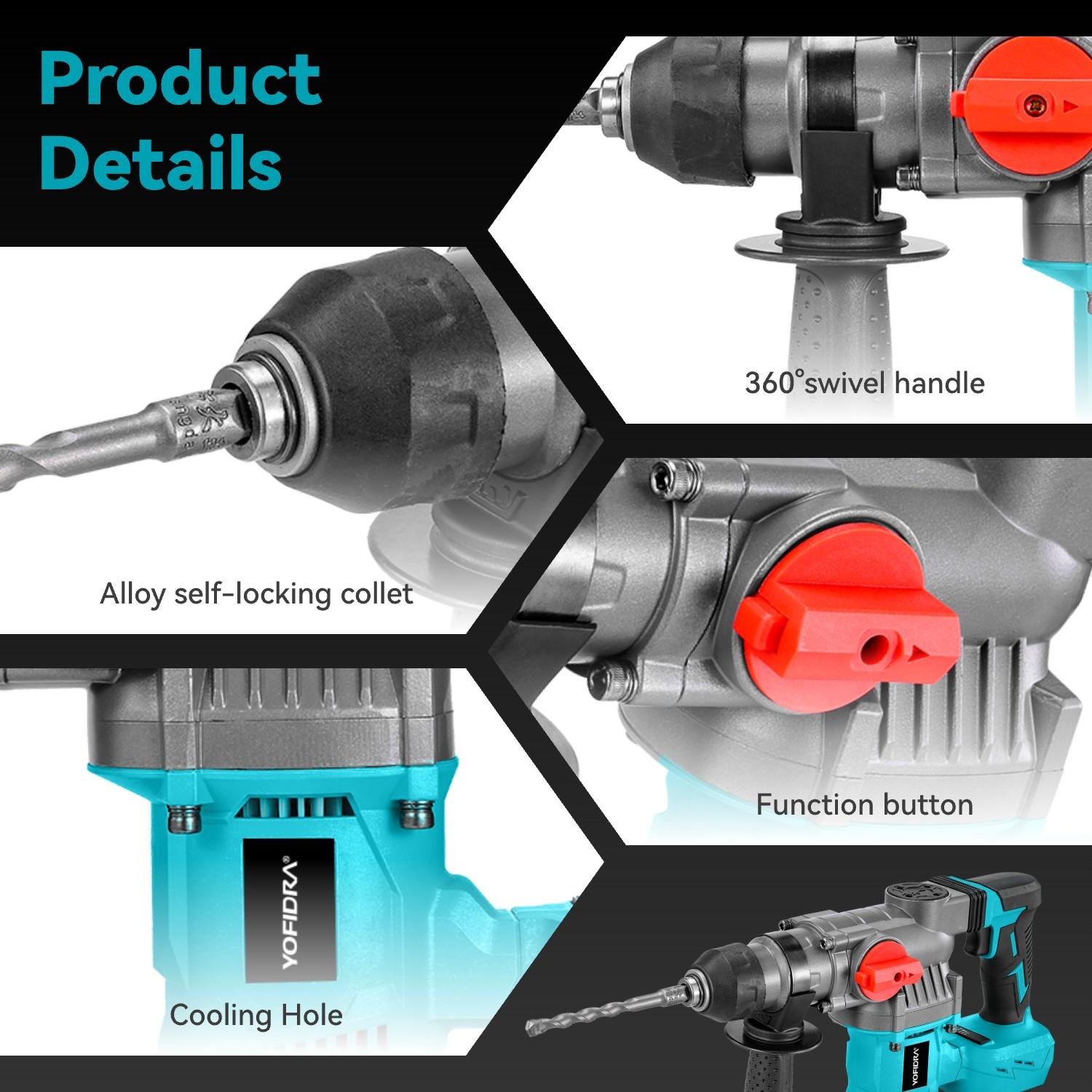 Yofidra Cordless Hammer Drill SDs Max Portable Electric 1500W 3J Impact Power 2-in-1 Demolition Hammer Chisel with 2x 3.0Ah Batteries Heavy Duty Handle Hardware drill Industrial Tool Kit Tool Box power tools