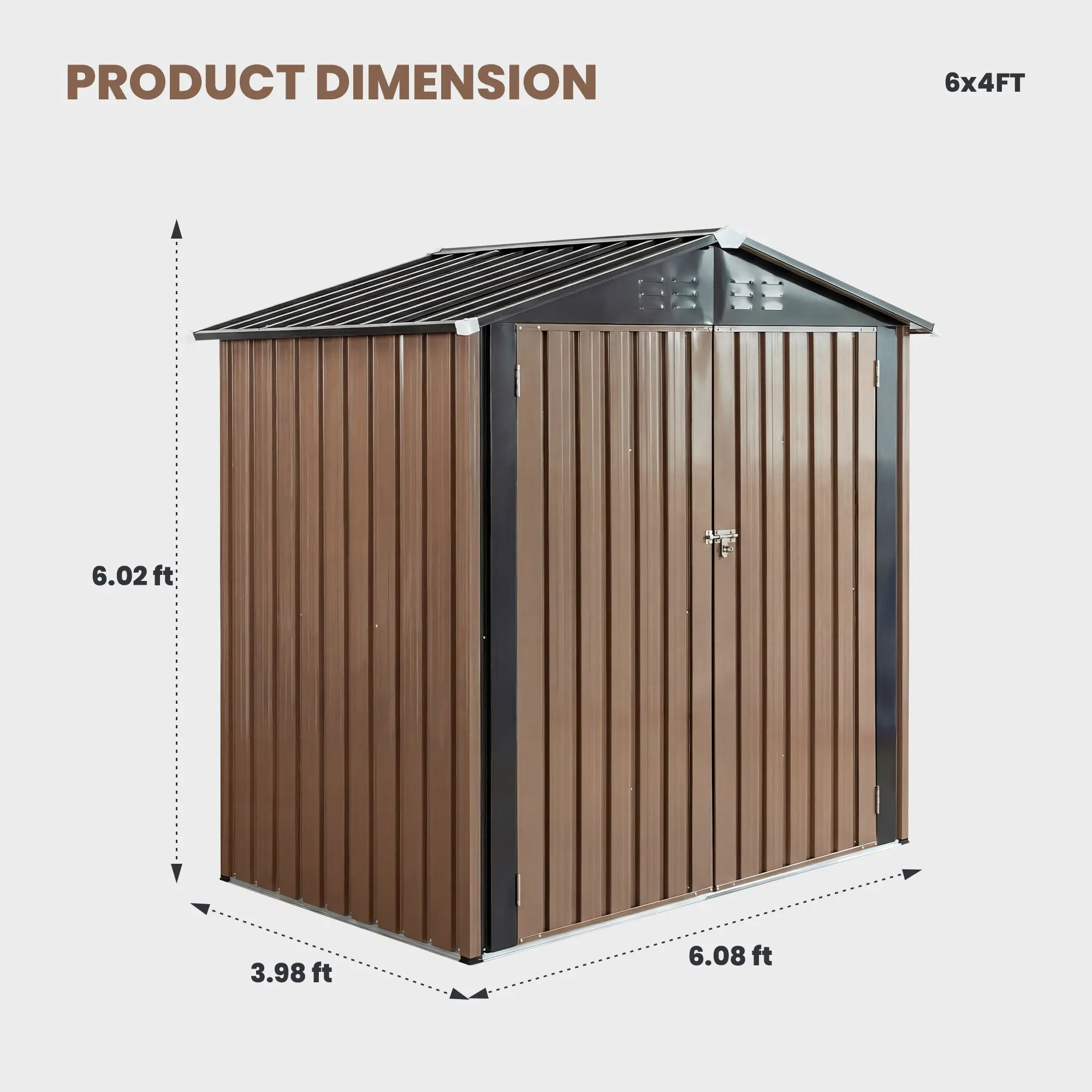 Caseta de almacenamiento metálica para exteriores de 6' x 8' con puerta con cerradura – Techo a dos aguas y acero galvanizado, color marrón