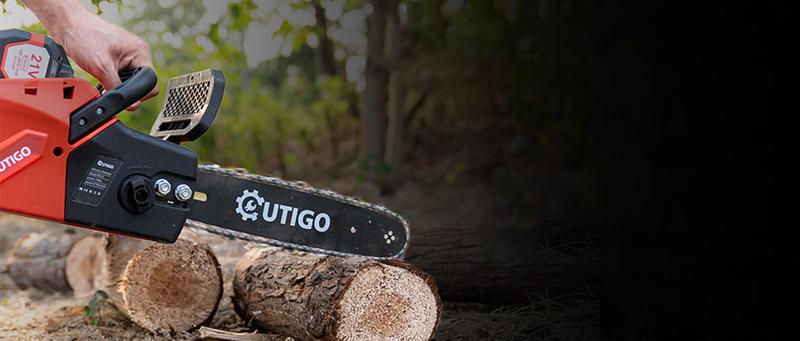 OUTIGO 21V Cordless Chainsaw with 2 Batteries 2 Chains Protective Gear and Charger Efficient Woodcutting Tool for Garden and Farm Use Heavy Duty Blade