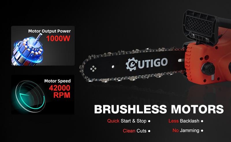 OUTIGO 21V Cordless Chainsaw with 2 Batteries 2 Chains Protective Gear and Charger Efficient Woodcutting Tool for Garden and Farm Use Heavy Duty Blade