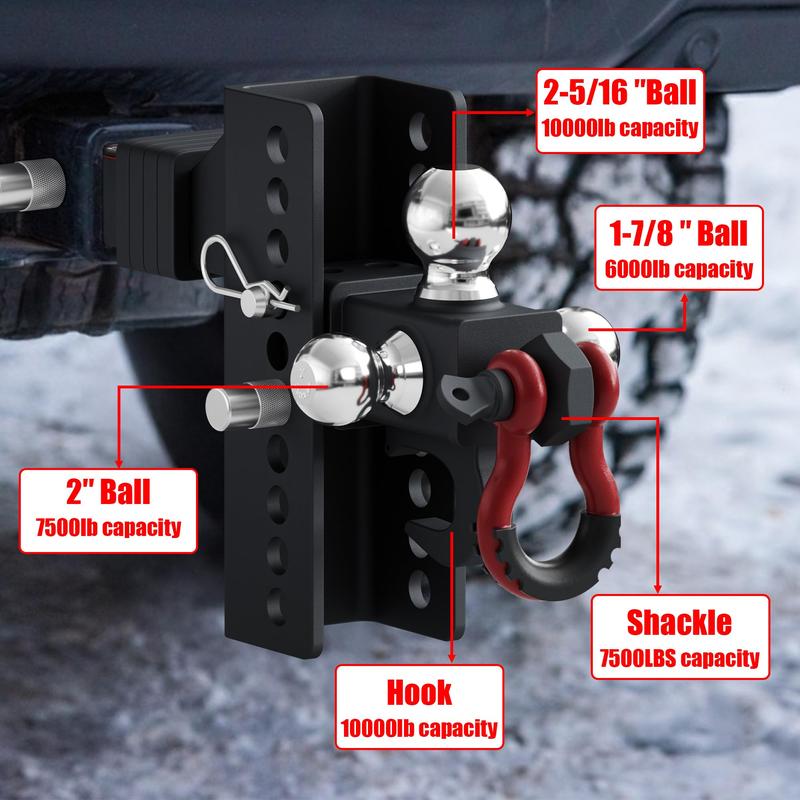 TYT Trailer Hitch Tri-Ball Mount with Locks&Pin&Rotatable Tow Shackle, Fits 2-in Receiver, 6-7/8" Rise/Drop, 1-7/8" & 2" &2-5/16" Ball, 10000LBS GTW TYT Trailer Hitch Tri-Ball Mount with Locks&Pin&Rotatable Tow Shackle, Fits 2-in Receiver, 6-7/8" Rise/Drop, 1-7/8" & 2" &2-5/16" Ball, 10000LBS GTW