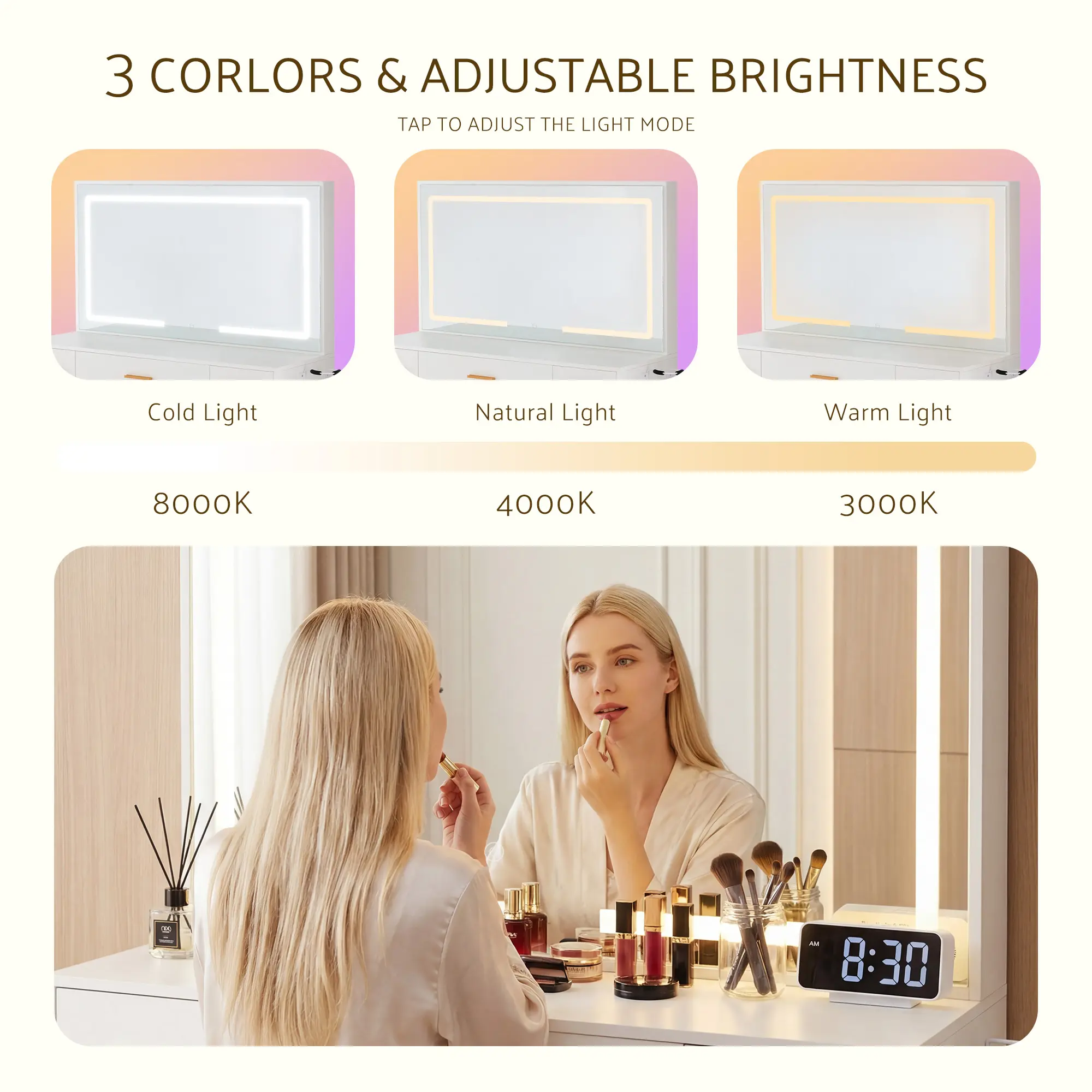 Tocador blanco con espejo iluminado y toma de corriente, tocador de maquillaje con 3 cajones y soporte, para dormitorio de chicas.