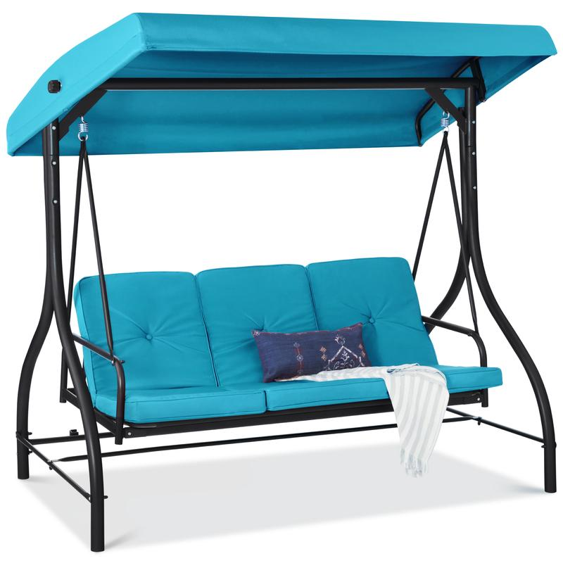 Best Choice Products Columpio con dosel convertible grande de 3 asientos para exteriores, hamaca para porche, patio trasero con cama plana, sombra ajustable, cojines extraíbles, color azul marino
