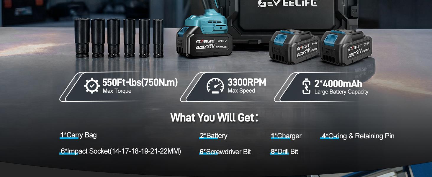 GEVEELIFE 750Nm 3 in 1 Brushless Impact Wrench 1/2" Cordless 3300RPM, 2×4.0Ah Batteries, 6 Sockets Car DIY Furniture Lawn Mower GEVEELIFE 750Nm 3 in 1 Brushless Impact Wrench 1/2" Cordless 3300RPM, 2×4.0Ah Batteries, 6 Sockets Car DIY Furniture Lawn Mower
