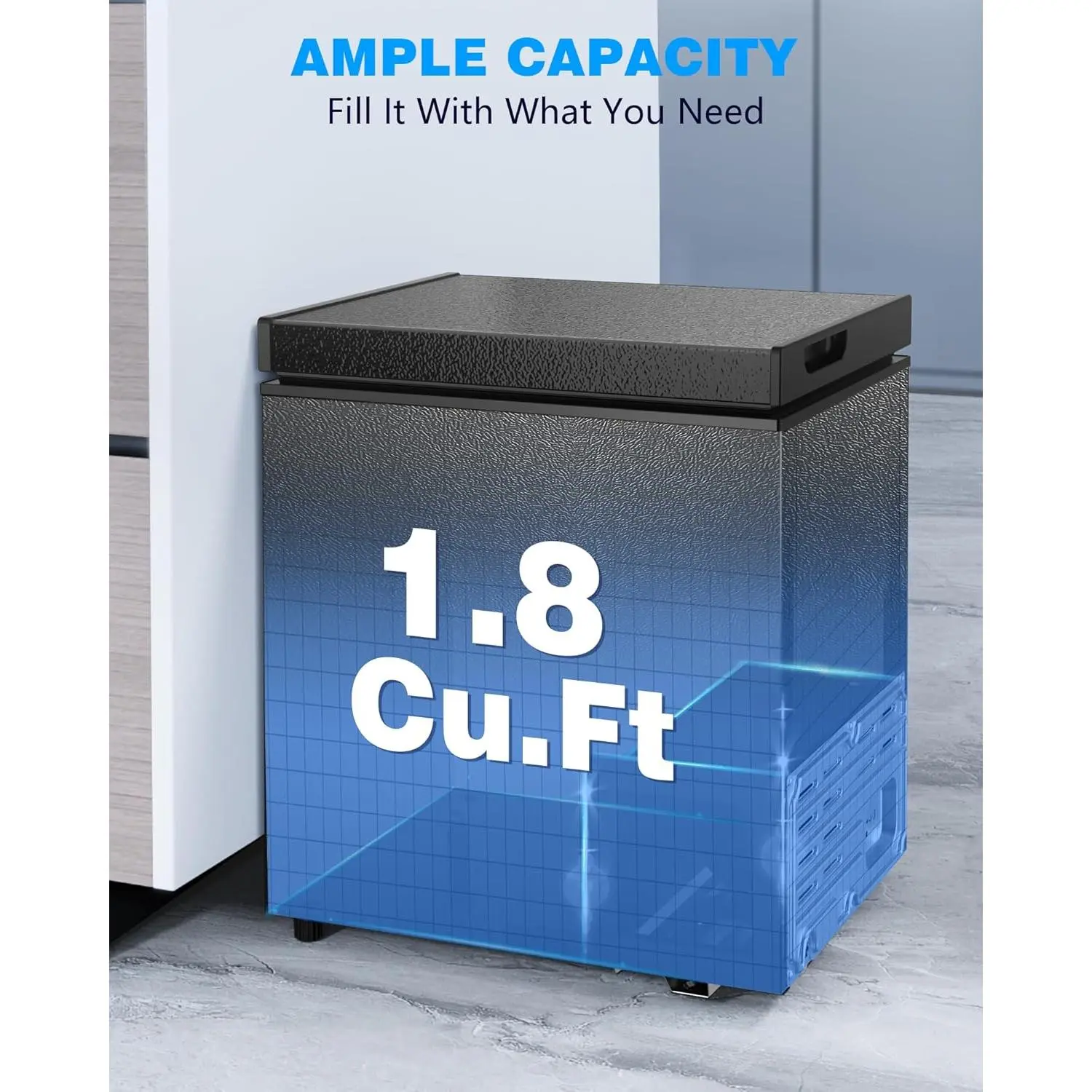 Congelador horizontal de 1.8 pies cúbicos con cesta extraíble y desagüe inferior para descongelación; de instalación independiente, con puerta de apertura superior. Congelador profundo, arcón congelador, almacenamiento en frío y conservación de alimentos.