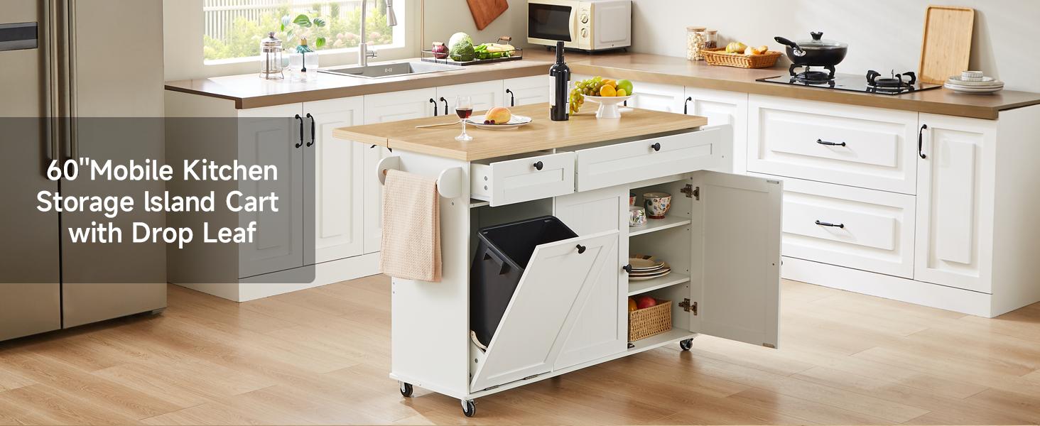 【SPRING GLOW UP】ONBRILL 60" / 81.7" Kitchen Island with Power Outlet & Drop Leaf, Kitchen Rolling Island with Spice Rack & Towel Rack, Knife Holder, Kitchen Island Cart with Trash Storage Cabinet, Mobile Island Table for Kitchen
