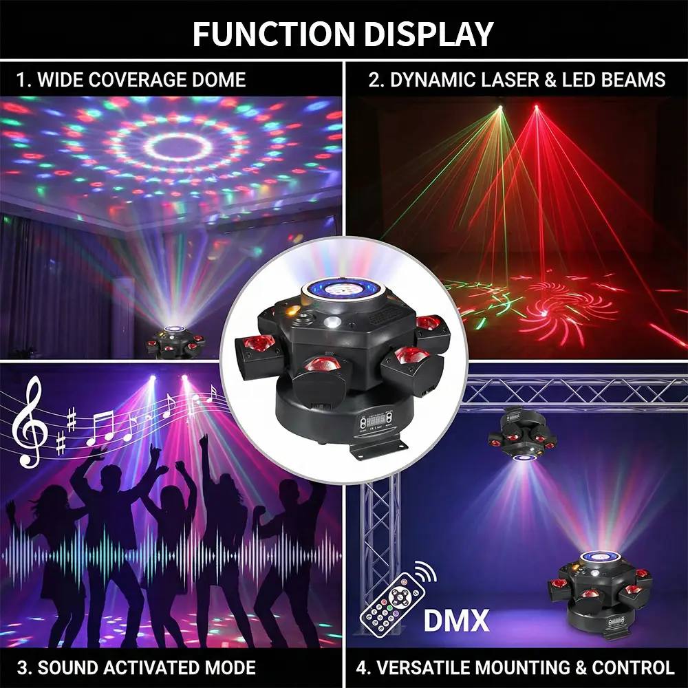 Luces de DJ con cabeza móvil para fiestas, luz de escenario 6 en 1 LED RGBW de 6 brazos, luces de DJ para fiestas, compatible con DMX-512 y activación por sonido.