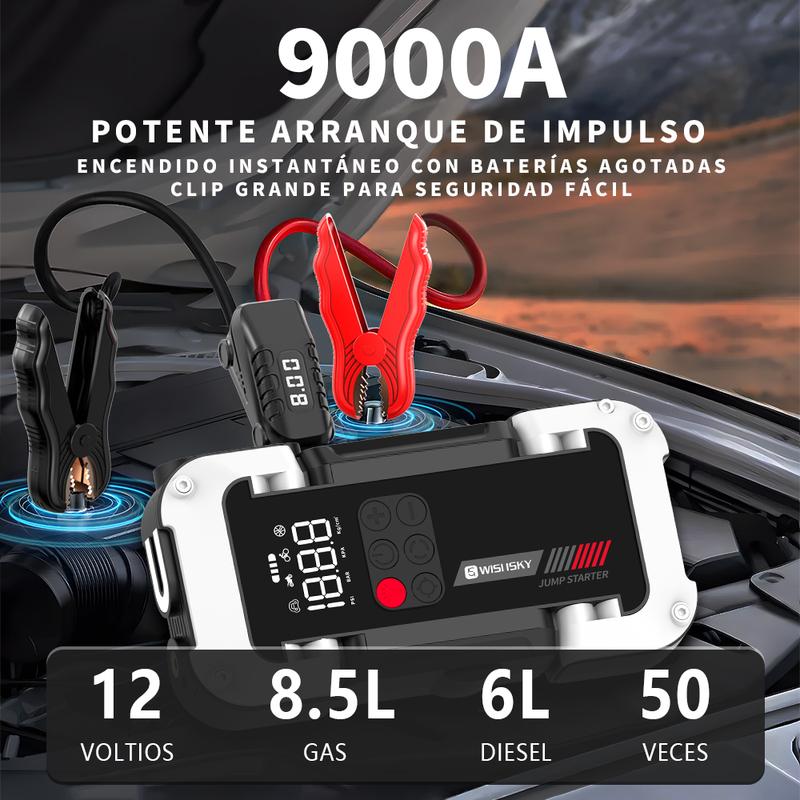 Arrancador de Batería Portátil 9000A con Inflador 150 PSI, Compresor y Cargador 12V 26800mAh