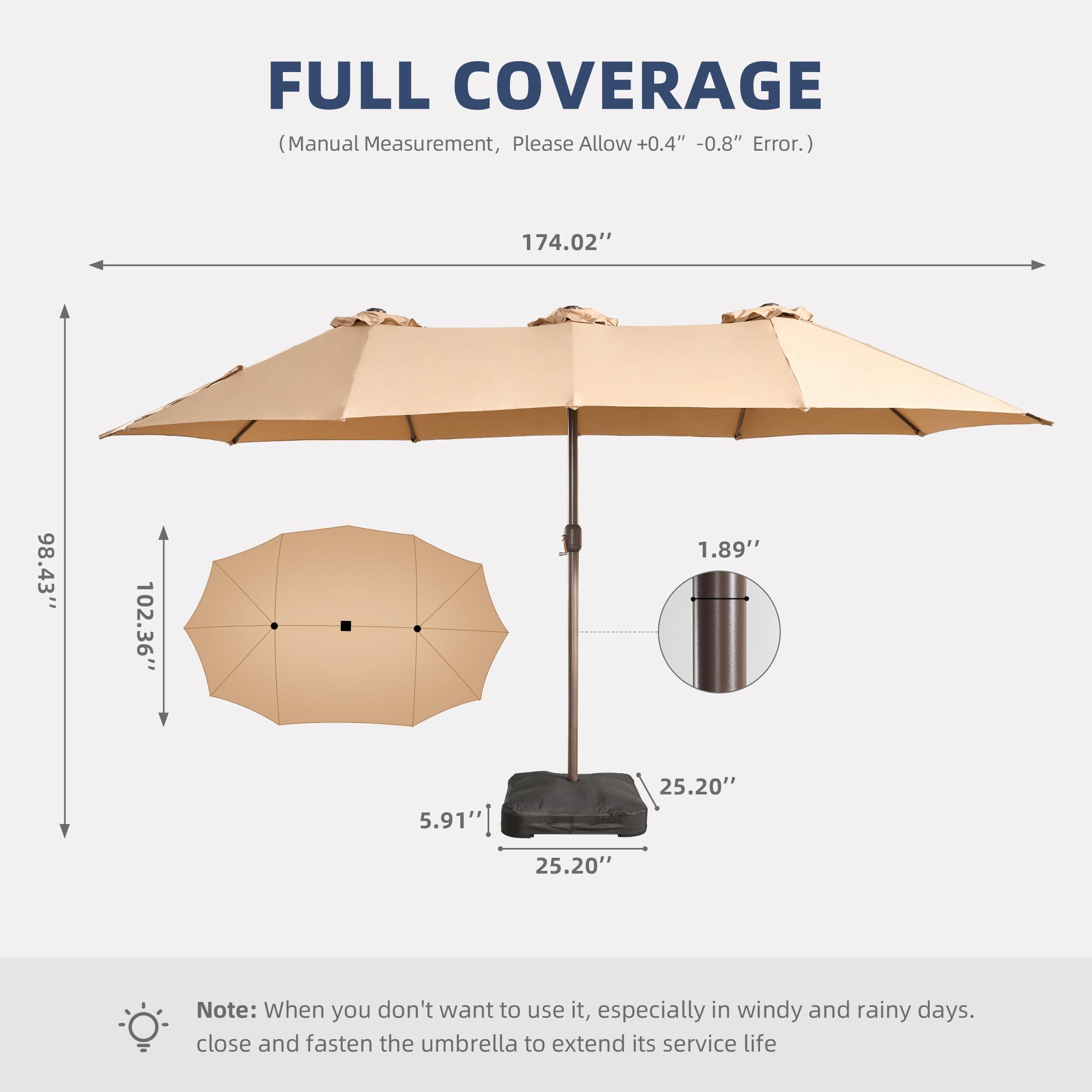 HOOOWOOO 15FT Solar LED Patio Umbrella with Base & Crank - Outdoor Market Umbrella for Garden, Deck, Backyard, Pool, Beach - Durable Water-Resistant Fabric, Adjustable Lighted Umbrella
