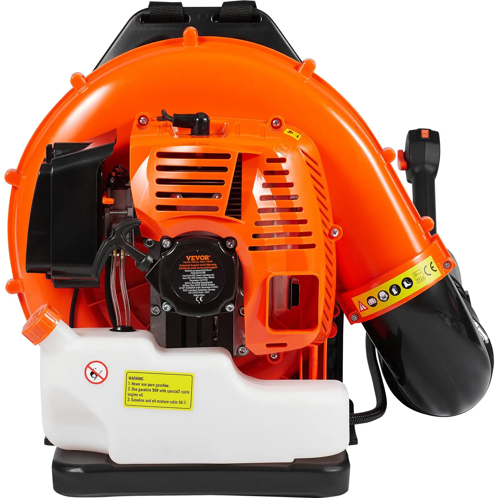 Soplador de hojas a gasolina tipo mochila de 79 cc y 2 tiempos, con tanque de combustible de 3 L y velocidad de 184 MPH, ideal para el cuidado del césped, la limpieza de hojas y la remoción de nieve.