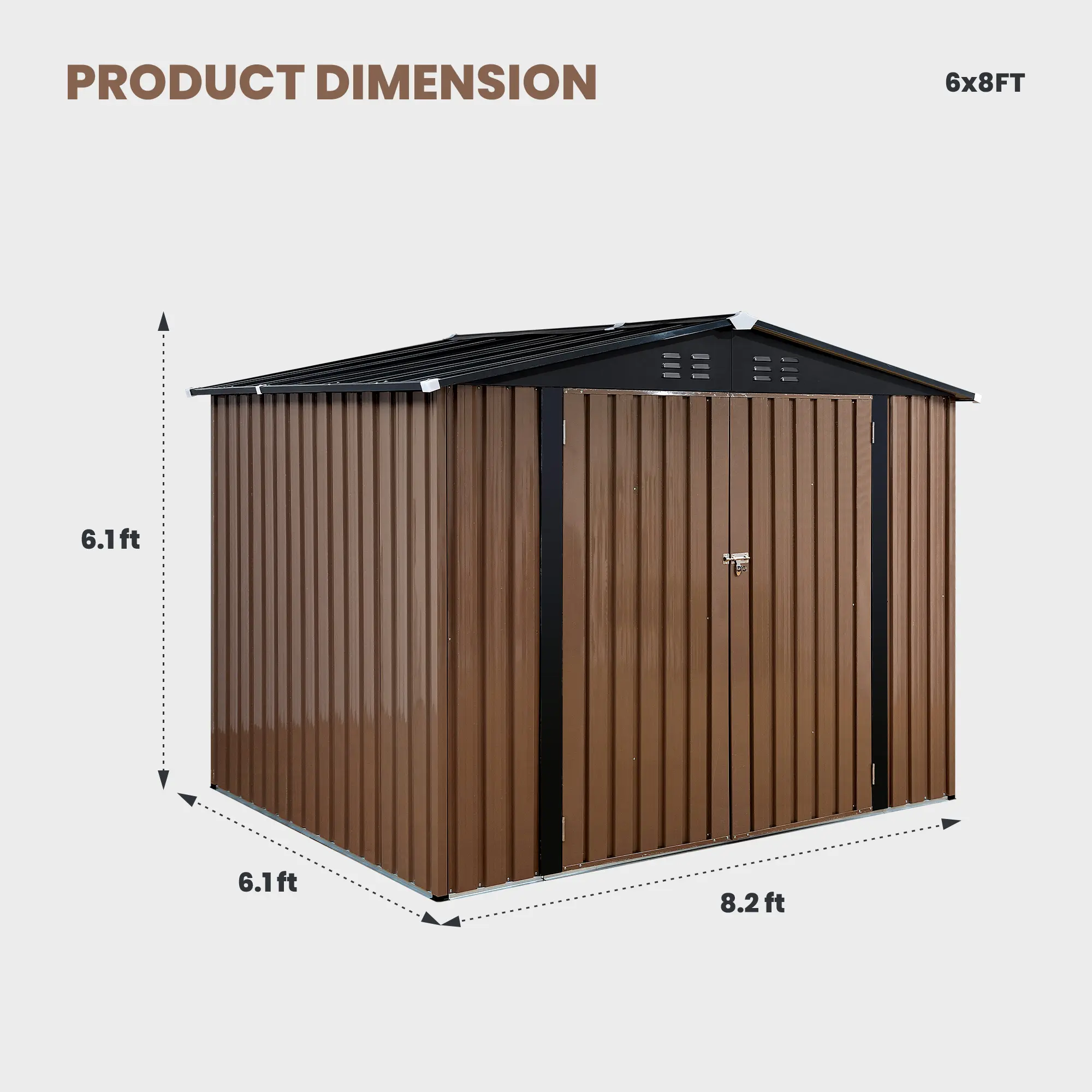 Caseta de almacenamiento metálica para exteriores de 6' x 8' con puerta con cerradura – Techo a dos aguas y acero galvanizado, color marrón