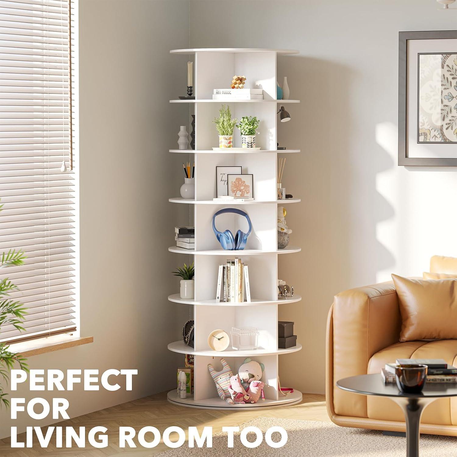 7 Tiers Rotating Shoe Rack Tower, 360° Spinning Shoe Rack, Revolving Storage Round Carousel Display, Freestanding Lazy Susan Organizer Display for Bedroom, Living Room, Entryway, Closet, White