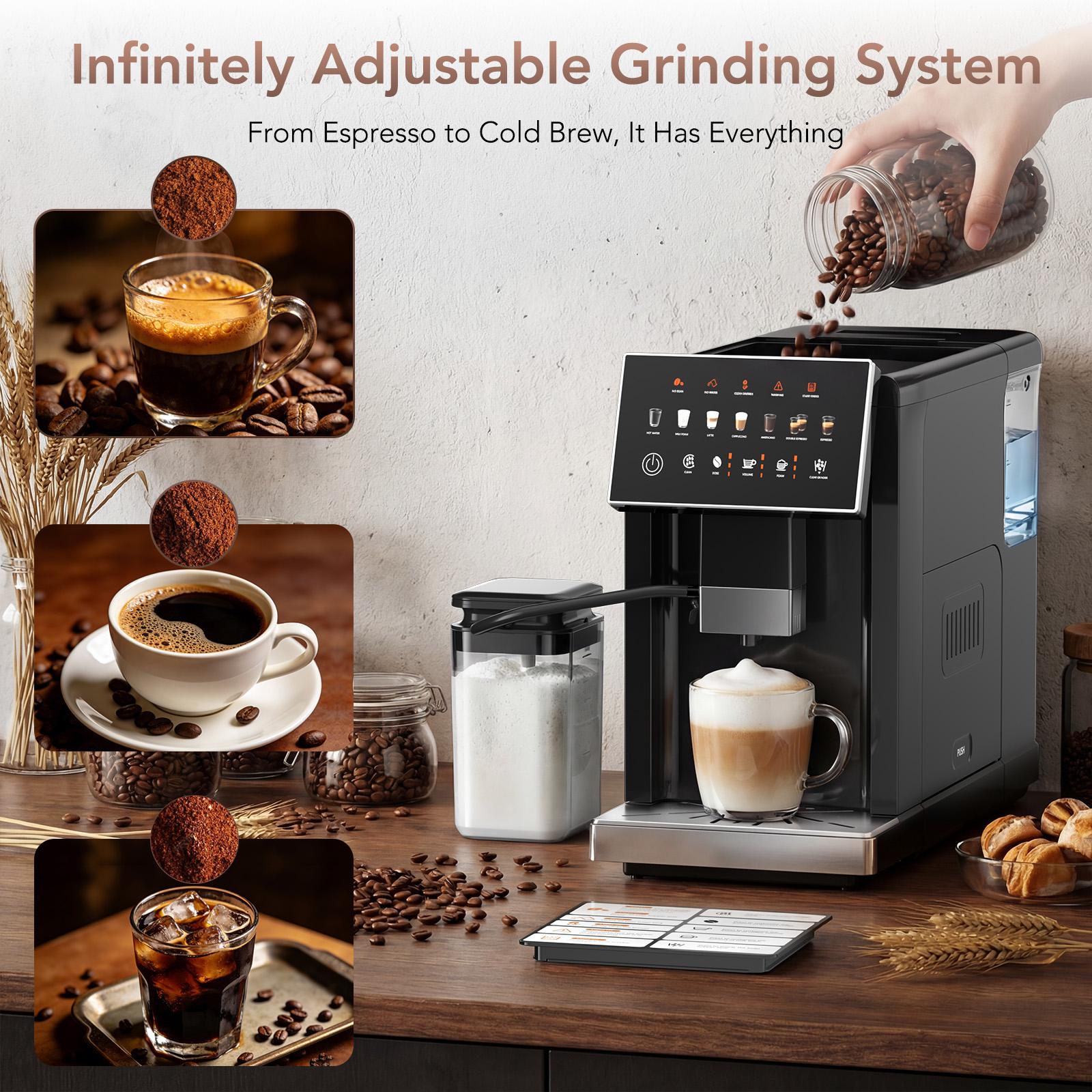 COWSAR Touchscreen Coffee Machine with Automatic Milk Frother, All-in-One Smart Espresso Maker for Cappuccino & Latte, Built-in Conical Grinder & Intelligent Reminder, Removable Brewer & Water Tank (Black)