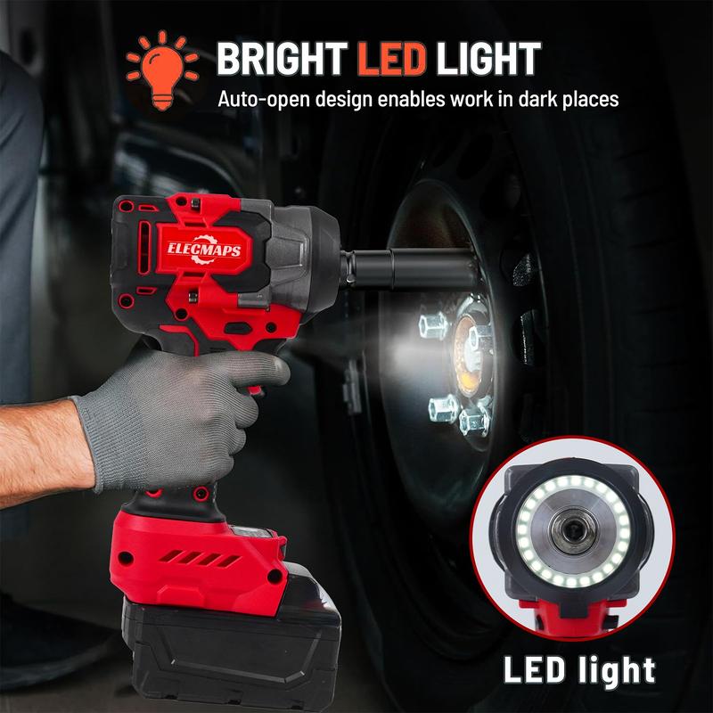 3-in-1 Cordless Brushless Impact Wrench &ndash; 450N High Torque Power Tool Perfect for Car Repair, Home DIY & Construction | Red & Black Design