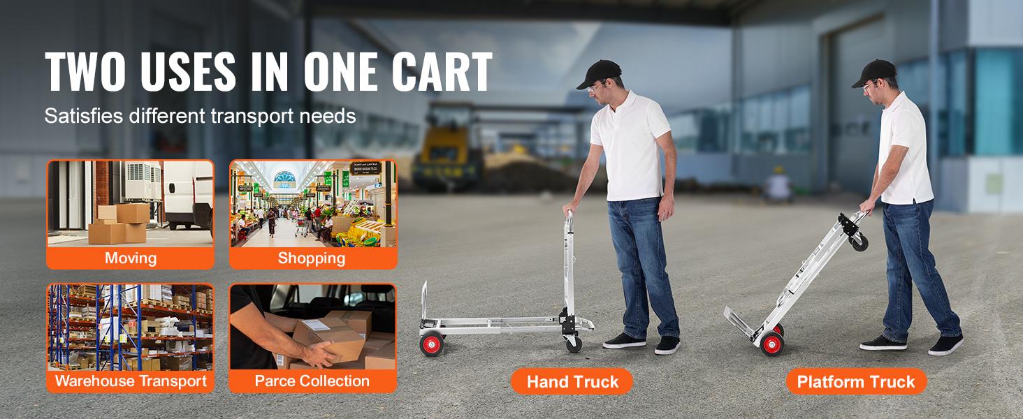 VEVOR Aluminum Folding Hand Truck, TikTokShopBlackFriday, 2 in 1 Design Max 800 lbs Capacity, Heavy Duty Industrial Collapsible cart, Dolly Cart with Rubber Wheels for Transport and Moving in Warehouse, Supermarket, Garden