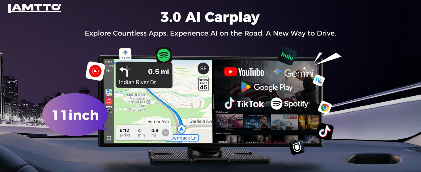 LAMTTO 11" AI Car Screen: Gemini+Offline GPS+Apps | Not Just CarPlay - Open Android 15 4GB+64G