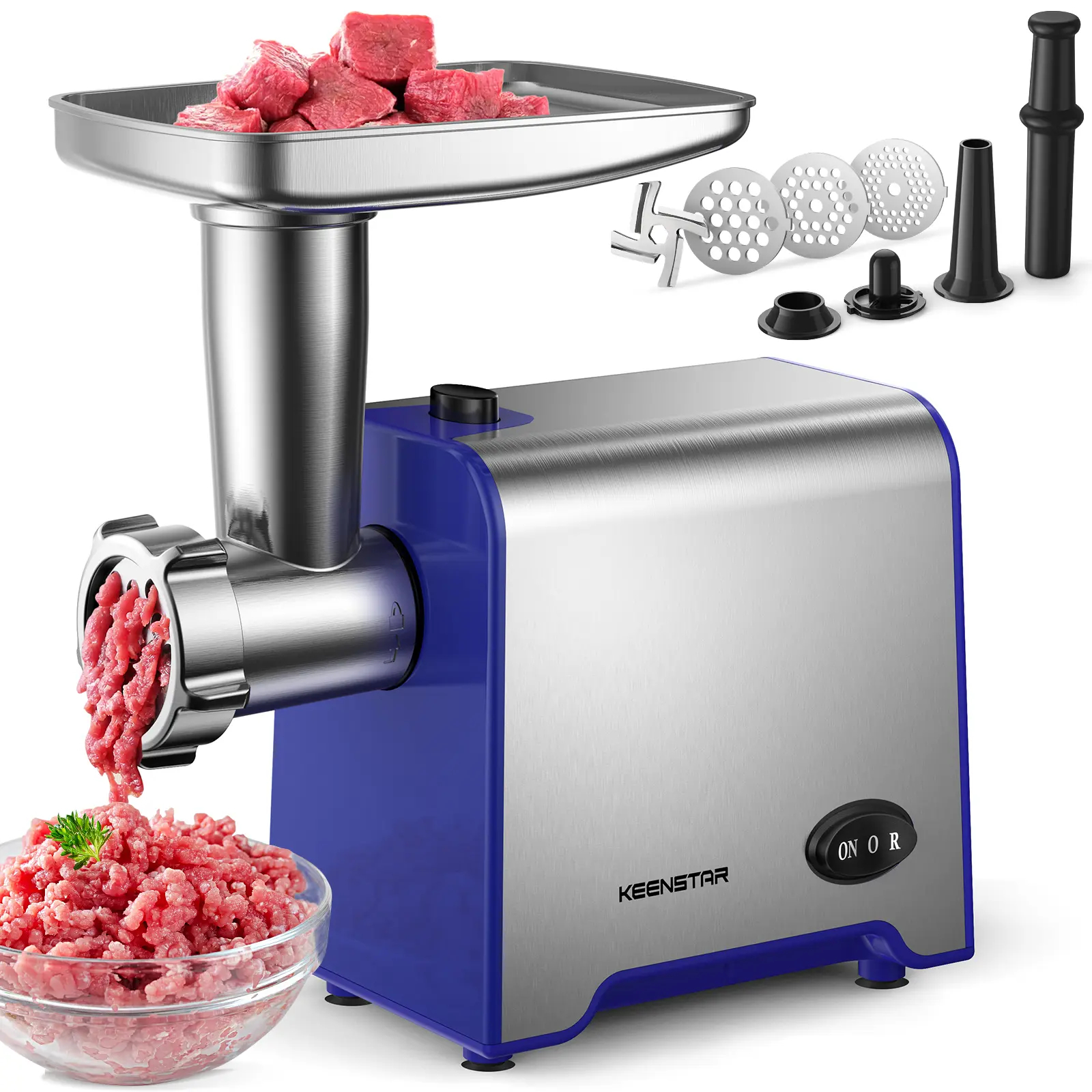 Picadora de Carne Eléctrica y Embutidora de Salchichas — 450 W (3000 W máx.) — Molinillo de Alimentos con Cuchilla, 3 Discos, Tubos y Kit para Kubbe — Máquina Picadora de Acero Inoxidable para Carne de Res y Cerdo — Electrodoméstico de Cocina